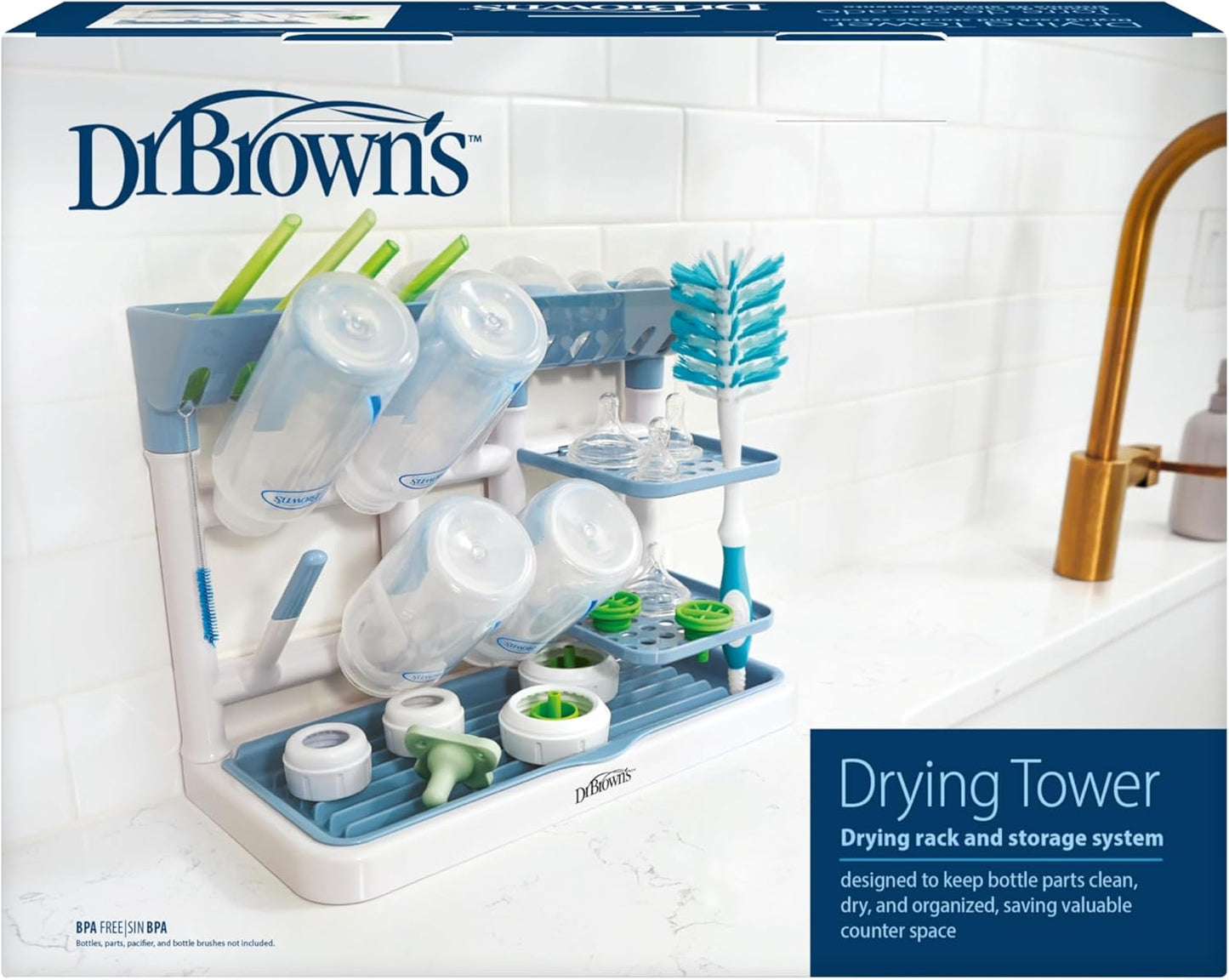 Dr. Brown's Baby Bottle Drying Tower, Stand-Up Countertop Drying Rack with Organized Storage for Baby Essentials, Space Saving Vertical Rack, Black/White