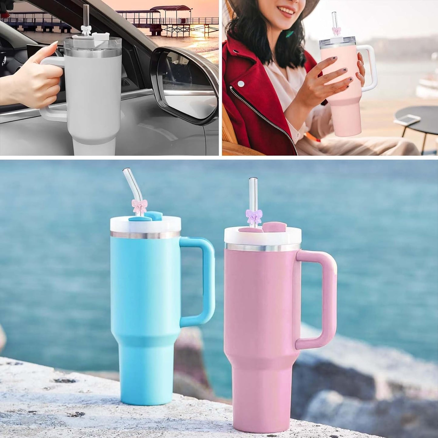 6 Pack Replacement Glass Straws for Stanley 40 oz 30 oz Tumbler, Reusable Cute Flower Glass Straws, Stanley Straw with Cleaning Brush Stanley Cup Accessories, 12 inches
