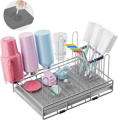 Bottle Drying Rack Stainless Steel Fold Water Bottle Drying Rack Organizer with Straw Holder for Baby Bottles,Cups, Mugs and Glass, Sports Bottles Dryer Countertop