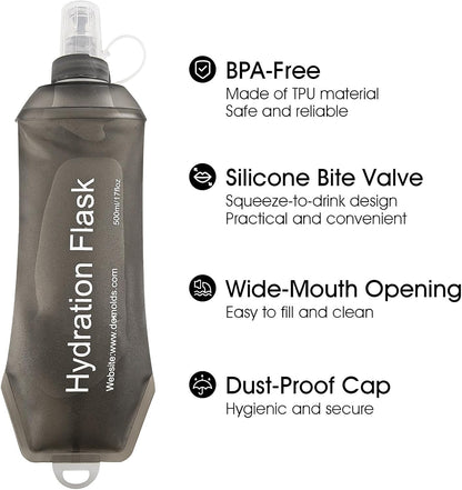 GYGYL Soft Flask, TPU Collapsible Soft Water Bottle for Hydration Pack, Running Vest, Leak-Proof Folding Water Bottle for Hiking Cycling Climbing Jogging-250ml Grey
