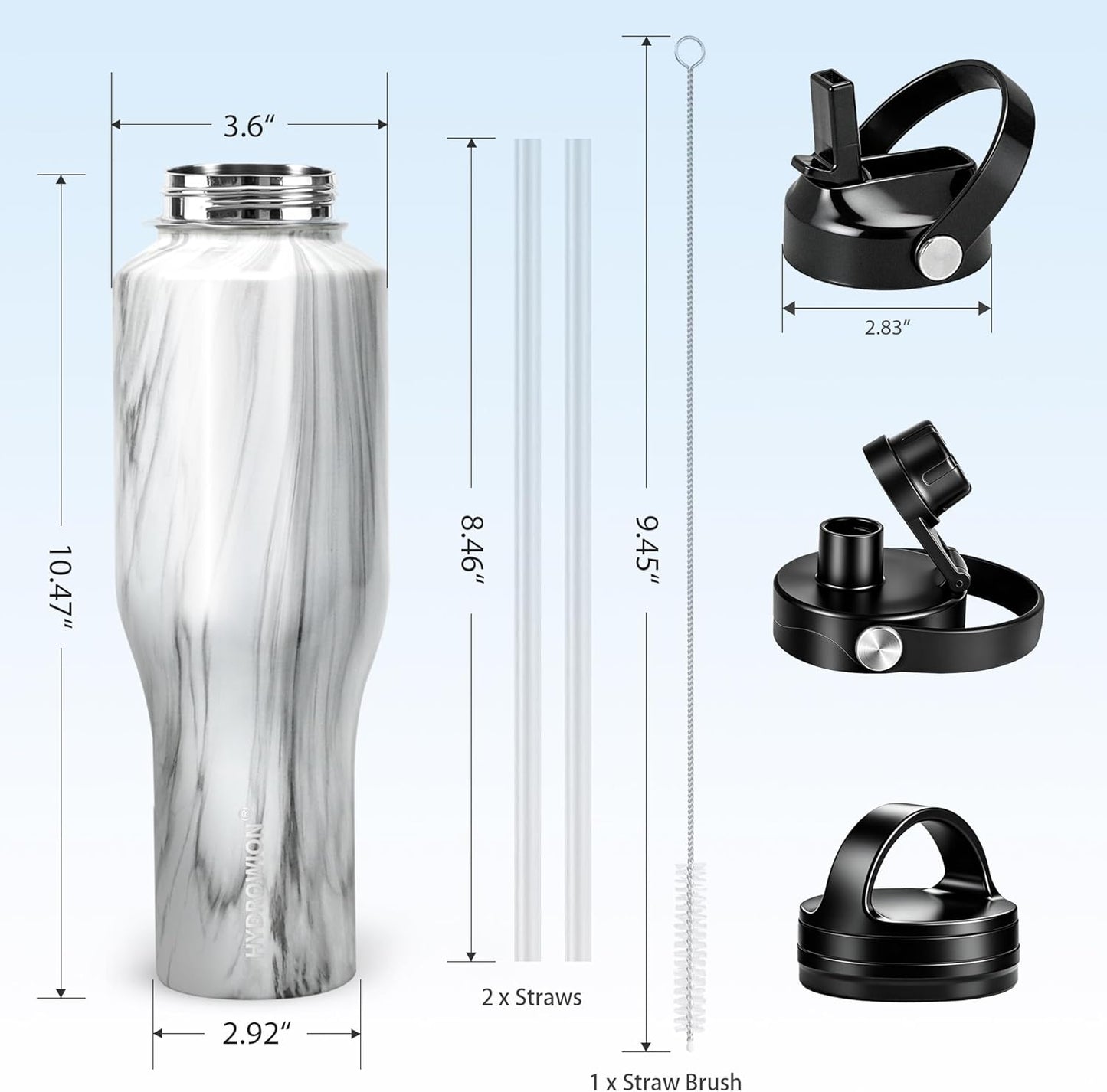 HYDROWION 32oz Stainless Steel Water Bottle(Cold for 48 Hrs, Hot for 24 Hrs),Double Wall Vacuum Insulated Water Bottle with Straw Lid, Spout Lid and Flex Cap, Fit in Any Car Cup Holder,Black