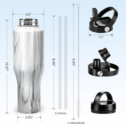 HYDROWION 32oz Stainless Steel Water Bottle(Cold for 48 Hrs, Hot for 24 Hrs),Double Wall Vacuum Insulated Water Bottle with Straw Lid, Spout Lid and Flex Cap, Fit in Any Car Cup Holder,Black