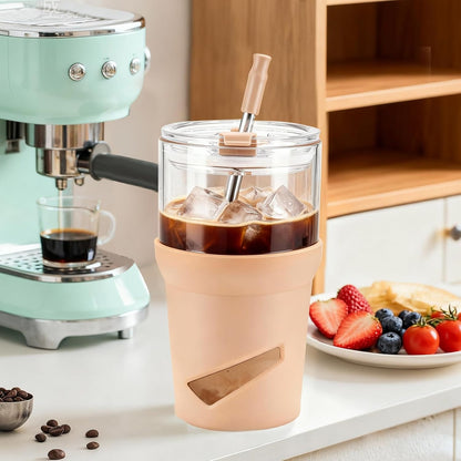 Glass Tumbler with Lids and Straws, 20 oz Iced Coffee Cup and Smoothie Cup with Bamboo Lid and On the go Lid,Glass Cups With Straws