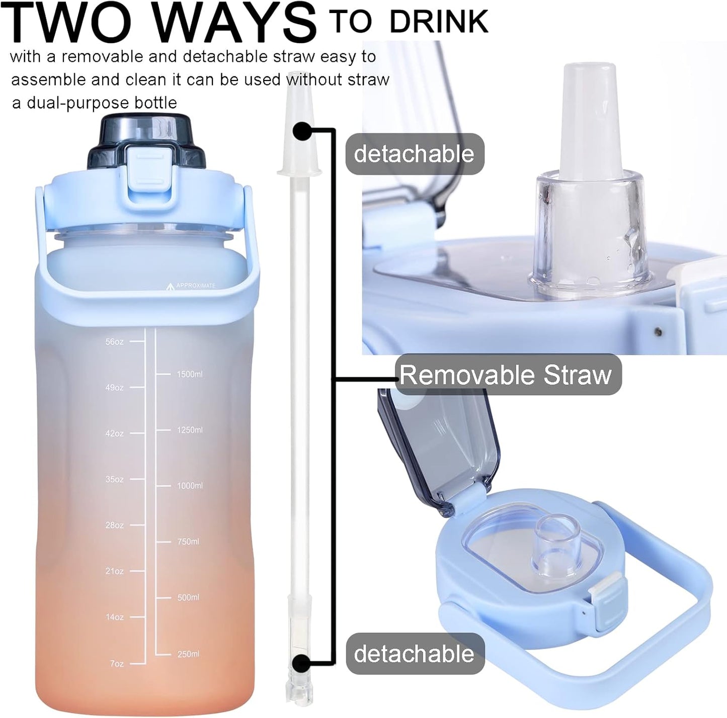 Large Motivational Water Bottle with Straw Time Marker BPA Free for Sport and Fitness (Pink Blue, 64 Oz / Half Gallon)