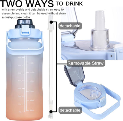 Large Motivational Water Bottle with Straw Time Marker BPA Free for Sport and Fitness (Pink Blue, 64 Oz / Half Gallon)