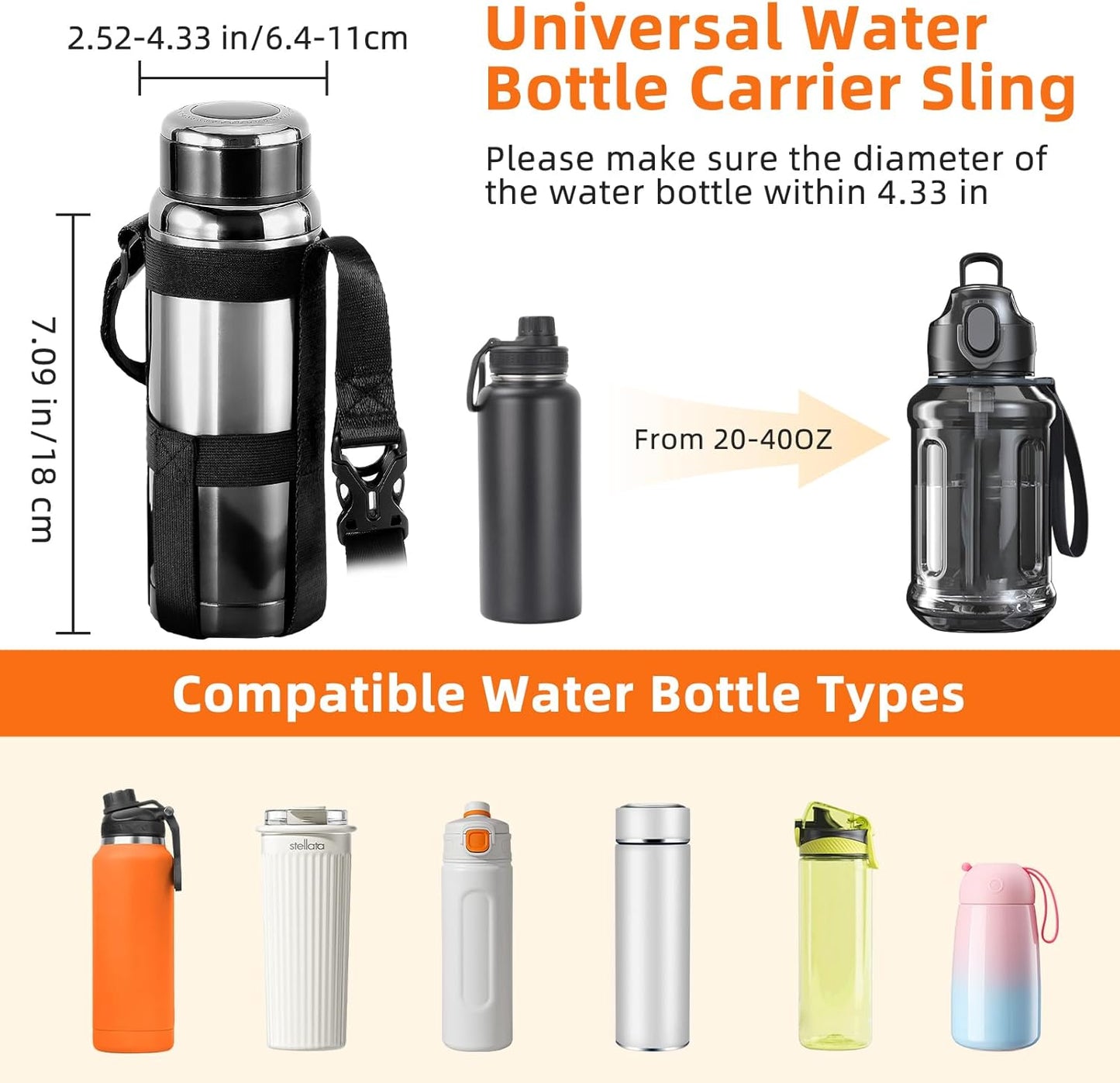 Nuovoware Water Bottle Holder With Strap, 2 Pack Elastic Water Bottle Sling Bag for 20-40 Oz, Lightweight Crossbody Bag With Shoulder Strap for Walking Hiking Camping Traveling, Black+Black