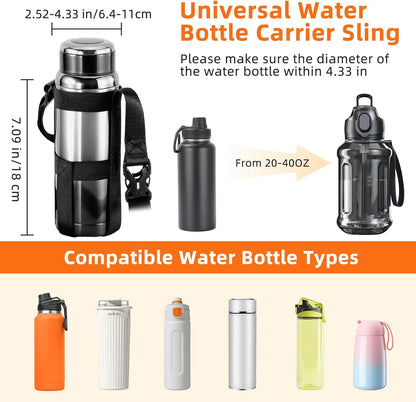 Nuovoware Water Bottle Holder With Strap, 2 Pack Elastic Water Bottle Sling Bag for 20-40 Oz, Lightweight Crossbody Bag With Shoulder Strap for Walking Hiking Camping Traveling, Black+Black