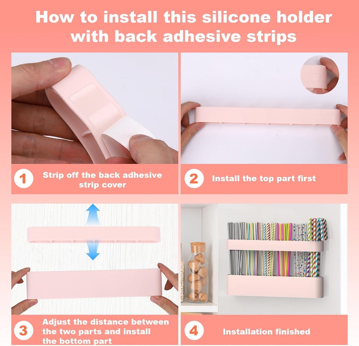 Silicone Straw Holder for Cabinet with Adhesive Tape, Straw Holder for Counter, Storage Organizer for Tumbler Drinking Straws, Cabinet Door Mounted Kitchen Countertop Cupboard Accessories (Blue)