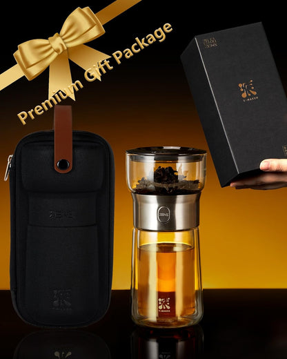 ZENS Modern Glass Infuser Teapot, One Touch Tea Maker for Loose Leaf Tea with Insulated Mug and Portable Case. Enchanted Pot Alternatives for Tea Lover Gifts