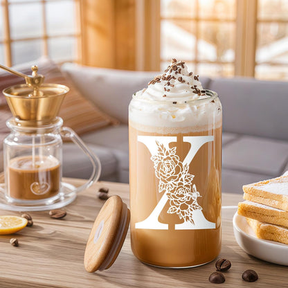 Glass Cups with Lids and Straws: Personalized Initial Glass Cup Be Used As Reusable Iced Coffee Cups with Lids,Cute Matcha Tumbler - The Christmas/Birthday Gifts for Women - M Smoothie Cup