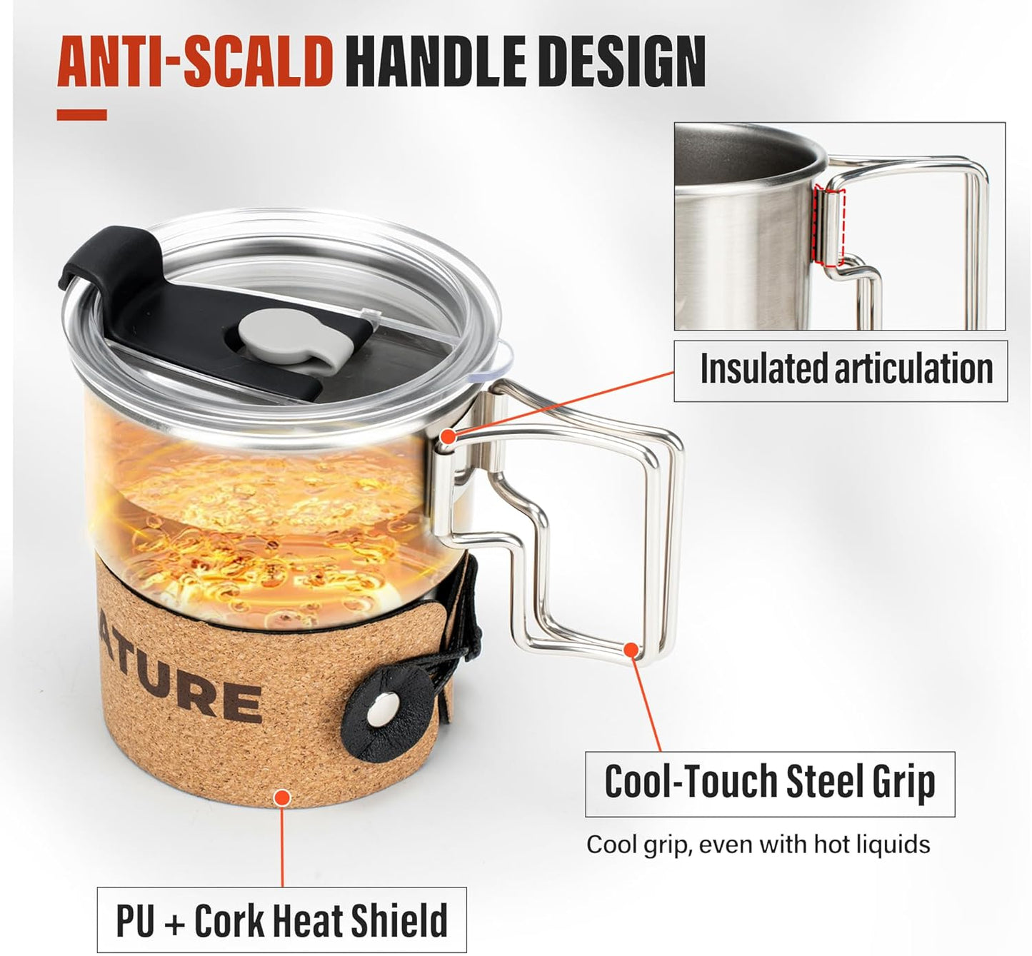 Alocs Camping Mug - Stainless Steel Travel Coffee Mug - Camping Coffee Mugs with Foldable Handle - 10 oz Camping Cup with Lids - Portable Travel Mug for Outdoor Backpacking Hiking Climbing Climbing