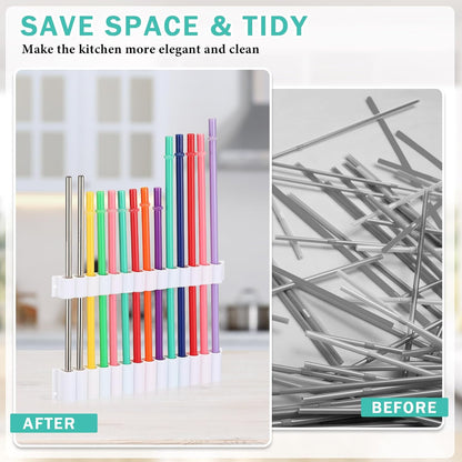 Baderke Straw Holder for Cabinet Reusable Straw Organizer with Double Sided Adhesive Tape Screws Storage Container for Kitchen Counter Cupboard(White,Classic)