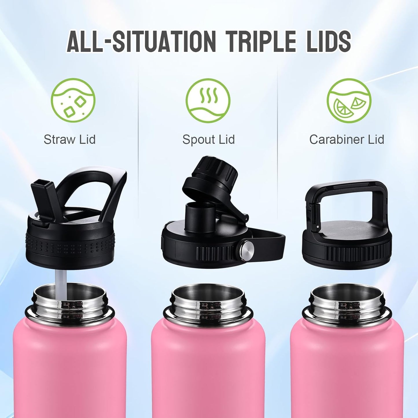 Insulated Water Bottles with Straw 40 oz Leak Proof, Vacuum Insulated Stainless Steel Sport Tumbler with 3 Lids Straw, Spout and Handle Lid for Sports, Gym or Office,Hot Pink
