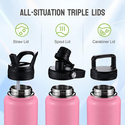 Insulated Water Bottles with Straw 40 oz Leak Proof, Vacuum Insulated Stainless Steel Sport Tumbler with 3 Lids Straw, Spout and Handle Lid for Sports, Gym or Office,Hot Pink