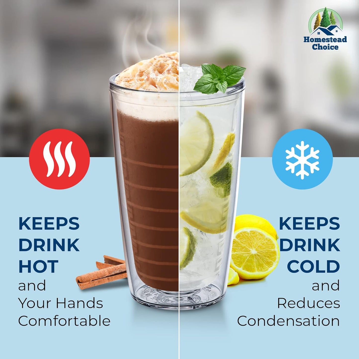 Homestead Choice 16oz Insulated Tumblers Plastic Keeps Drinks Cold & Hot, 4pack Double Walled Clear Insulated Drinking Glasses Cup, BPA-Free, Reusable, Camping, Travel, Kitchen, Party