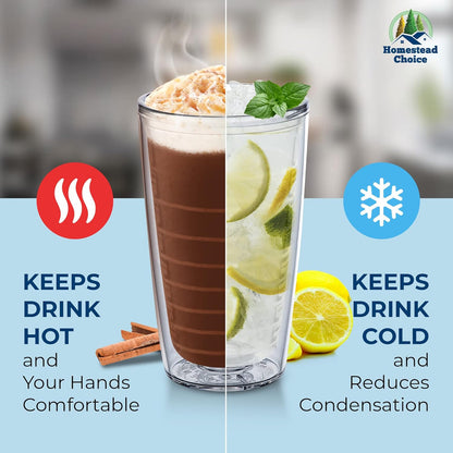 Homestead Choice 16oz Insulated Tumblers Plastic Keeps Drinks Cold & Hot, 4pack Double Walled Clear Insulated Drinking Glasses Cup, BPA-Free, Reusable, Camping, Travel, Kitchen, Party