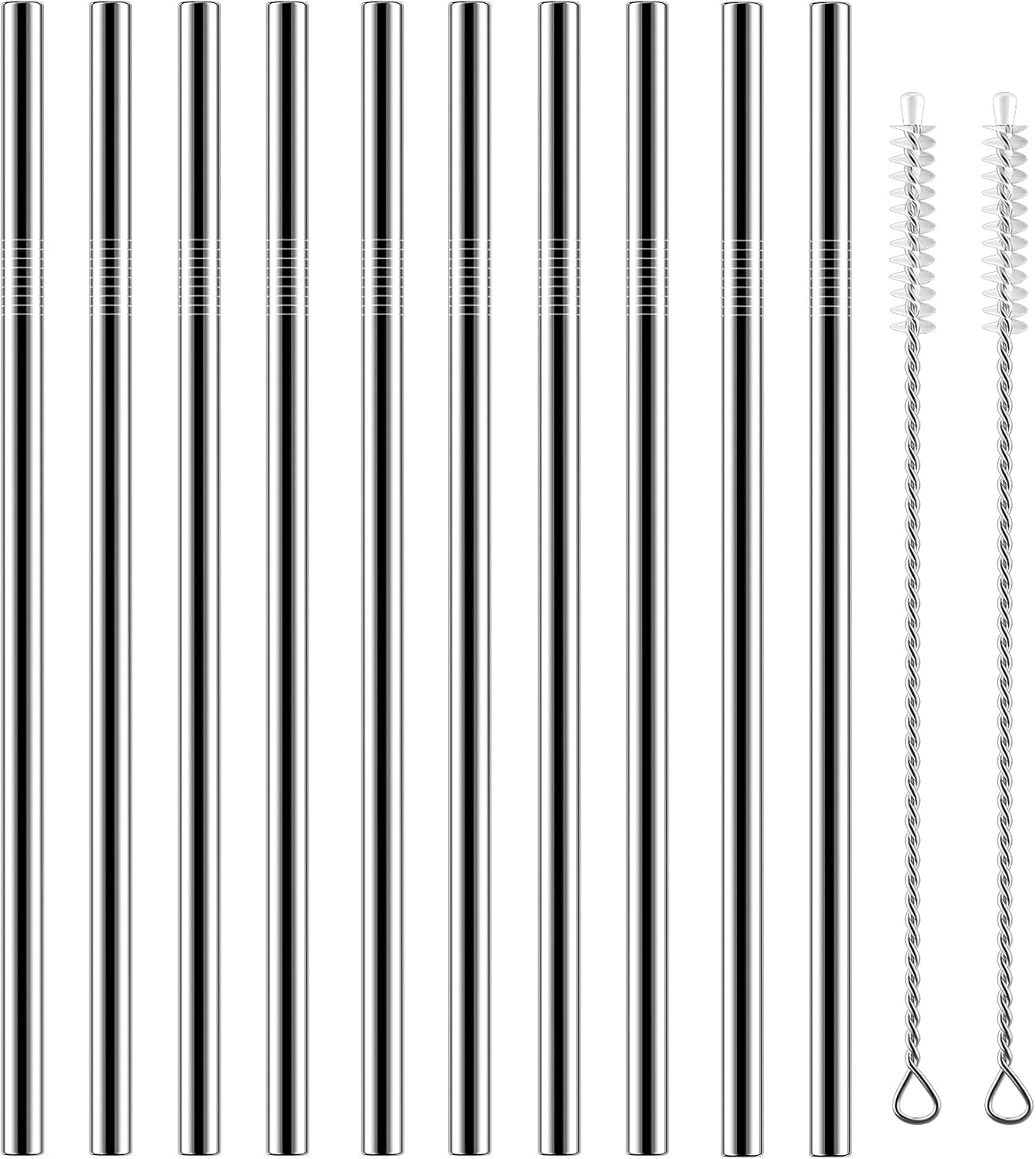 Set of 10 Stainless Steel Straws, HuaQi Straight Reusable Drinking Straws 10.5'' Long 0.24‘’ Dia for 30 oz Tumbler and 20 oz Tumbler, 2 Cleaning Brush Included (10 Straight Straw + 2 Brushes）