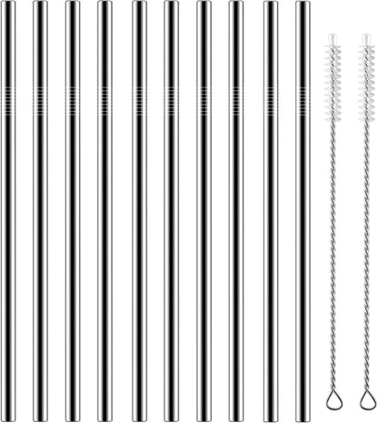 Set of 10 Stainless Steel Straws, HuaQi Straight Reusable Drinking Straws 10.5'' Long 0.24‘’ Dia for 30 oz Tumbler and 20 oz Tumbler, 2 Cleaning Brush Included (10 Straight Straw + 2 Brushes）