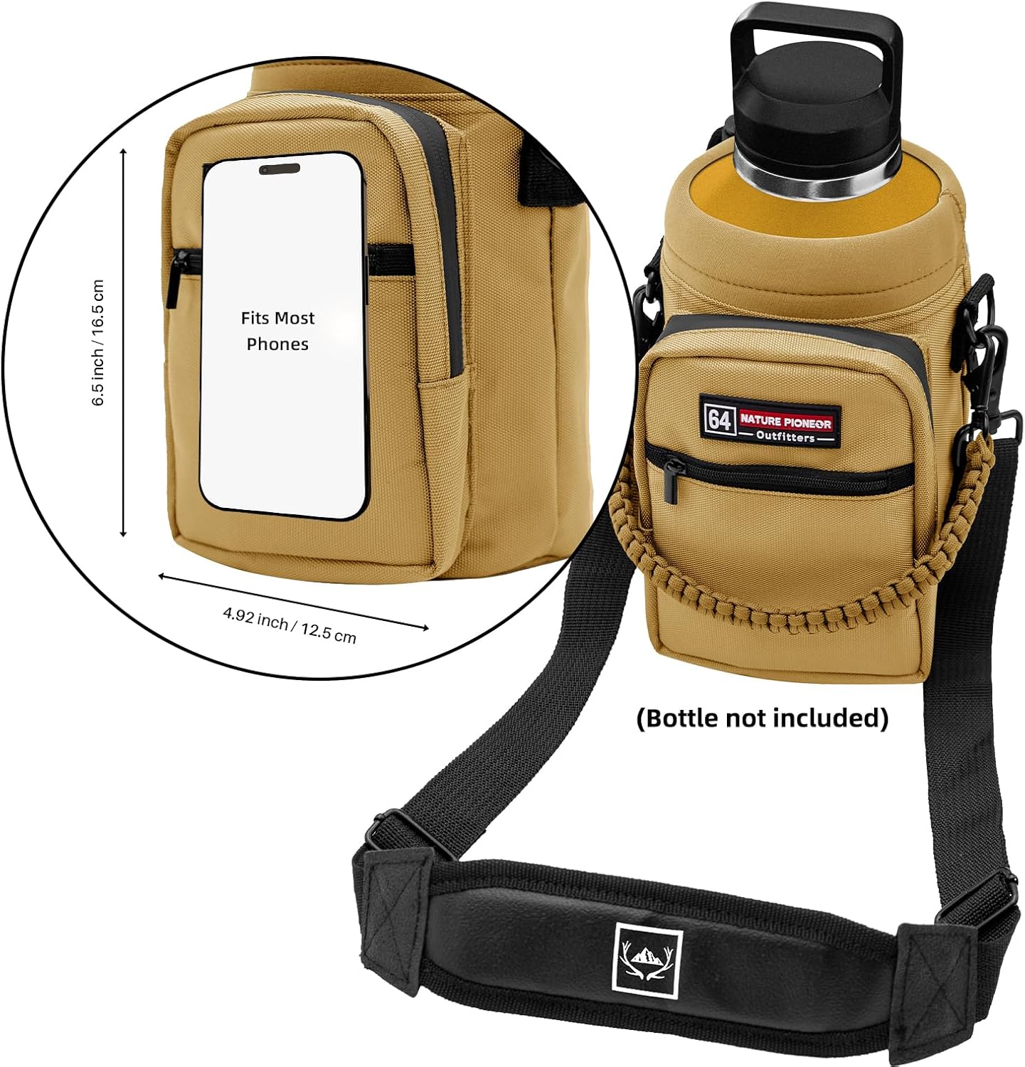 NATURE PIONEOR Water Bottle Holder with Adjustable Strap - Half/One Gallon (64/128oz) Insulated Water Bottle Sling Carrier with Phone Pocket & Paracord Handle, Outdoor Camping, Hiking, Gym