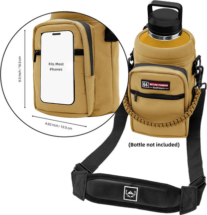 NATURE PIONEOR Water Bottle Holder with Adjustable Strap - Half/One Gallon (64/128oz) Insulated Water Bottle Sling Carrier with Phone Pocket & Paracord Handle, Outdoor Camping, Hiking, Gym