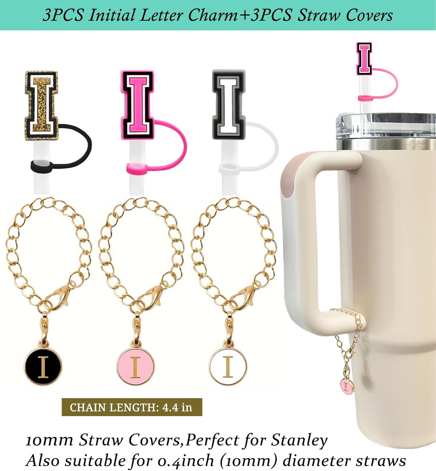 （3 +3) 3PCS Nuozme Straw Cover 10mm For Stanley Tumbler Cup Reusable Straw Cap Topper with 3 Initial Letter Charms Accessories Name ID Personalized Handle Charm For Stanley 30&40 Oz Cup Tumbler - Colors A