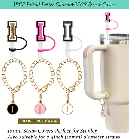 （3 +3) 3PCS Nuozme Straw Cover 10mm For Stanley Tumbler Cup Reusable Straw Cap Topper with 3 Initial Letter Charms Accessories Name ID Personalized Handle Charm For Stanley 30&40 Oz Cup Tumbler - Colors A