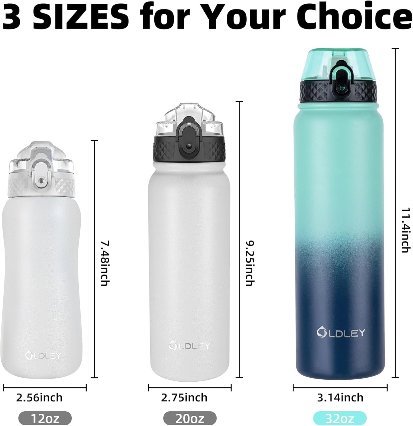 Oldley Insulated Water Bottle 20oz for Adults Kids Stainless Steel Water Bottles with Straw/Chug/Carabiner 3 Lids Fruit Strainer Double Wall Vacuum Wide Mouth BPA Free Leak-Proof for School Travel