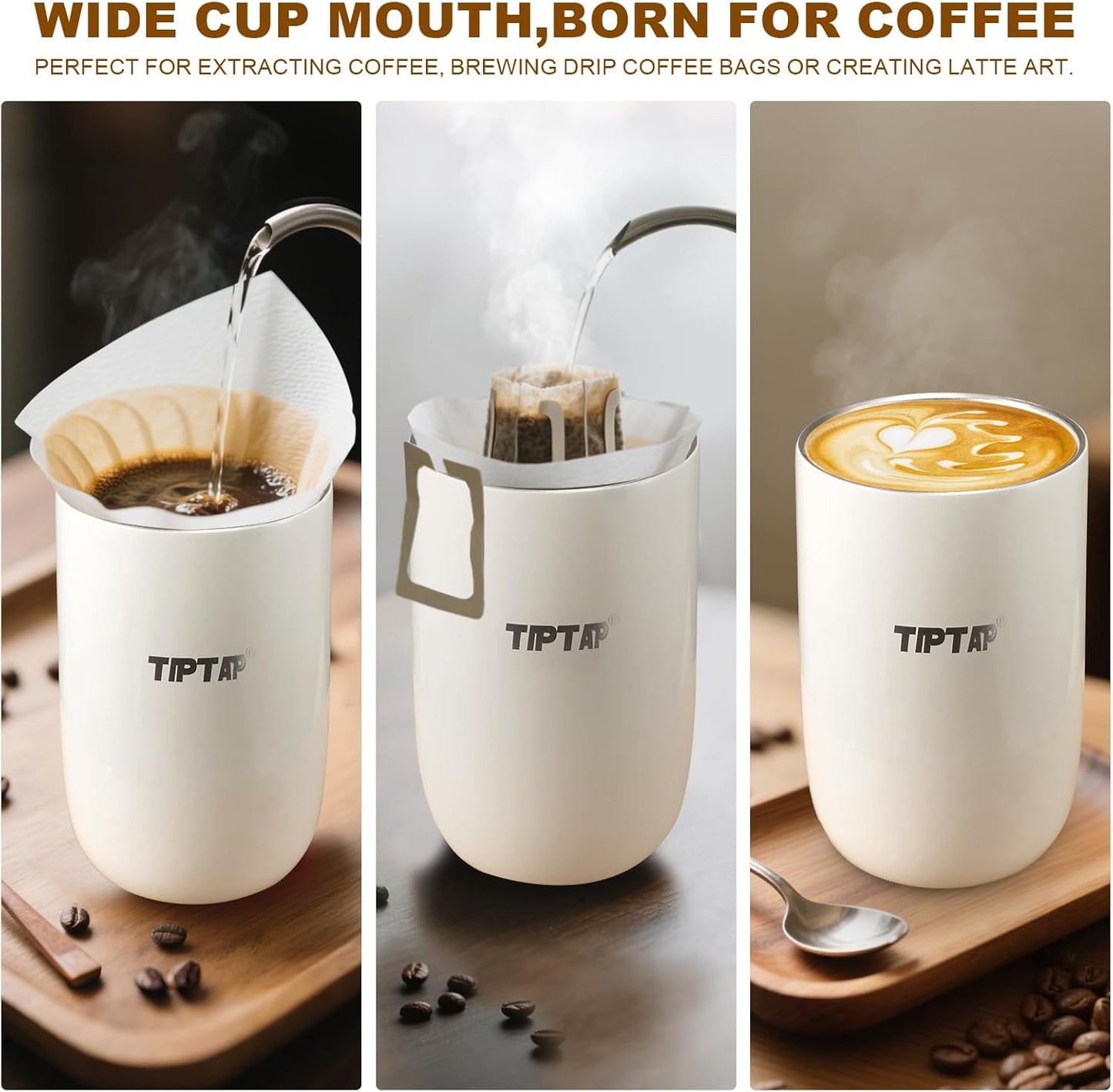 TIPTAP 12oz/350ml Stainless Steel Vacuum Insulated Tumbler, Coffee Travel Mug Spill Proof with Lid, Thermos Cup for Keep Hot/Ice Coffee, Chocolate, Tea and More (White)