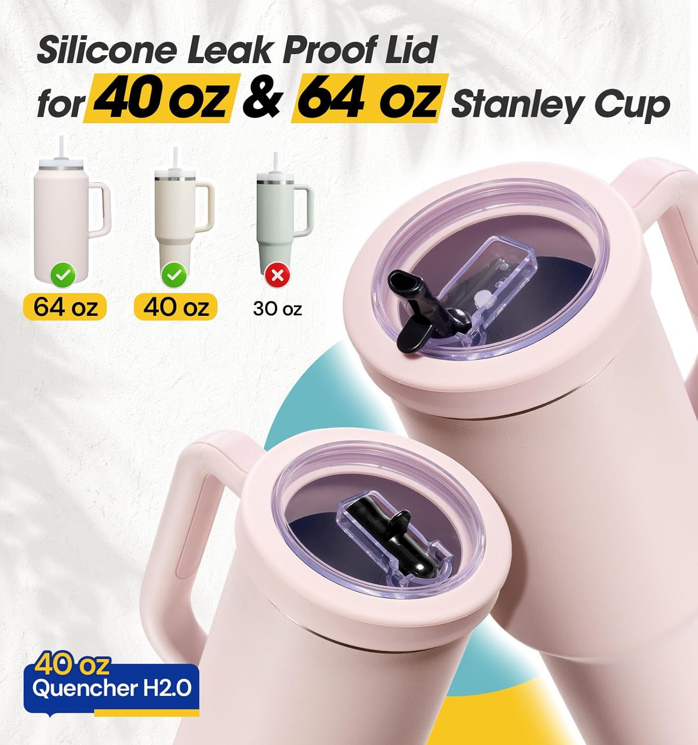 40 Oz Tumbler Flip Straw Lid for Stanley Quencher, Silicone Leak Proof Replacement Cover Reusable, Splash Resistant Cup Lids Accessories with Cleaning Brush Set