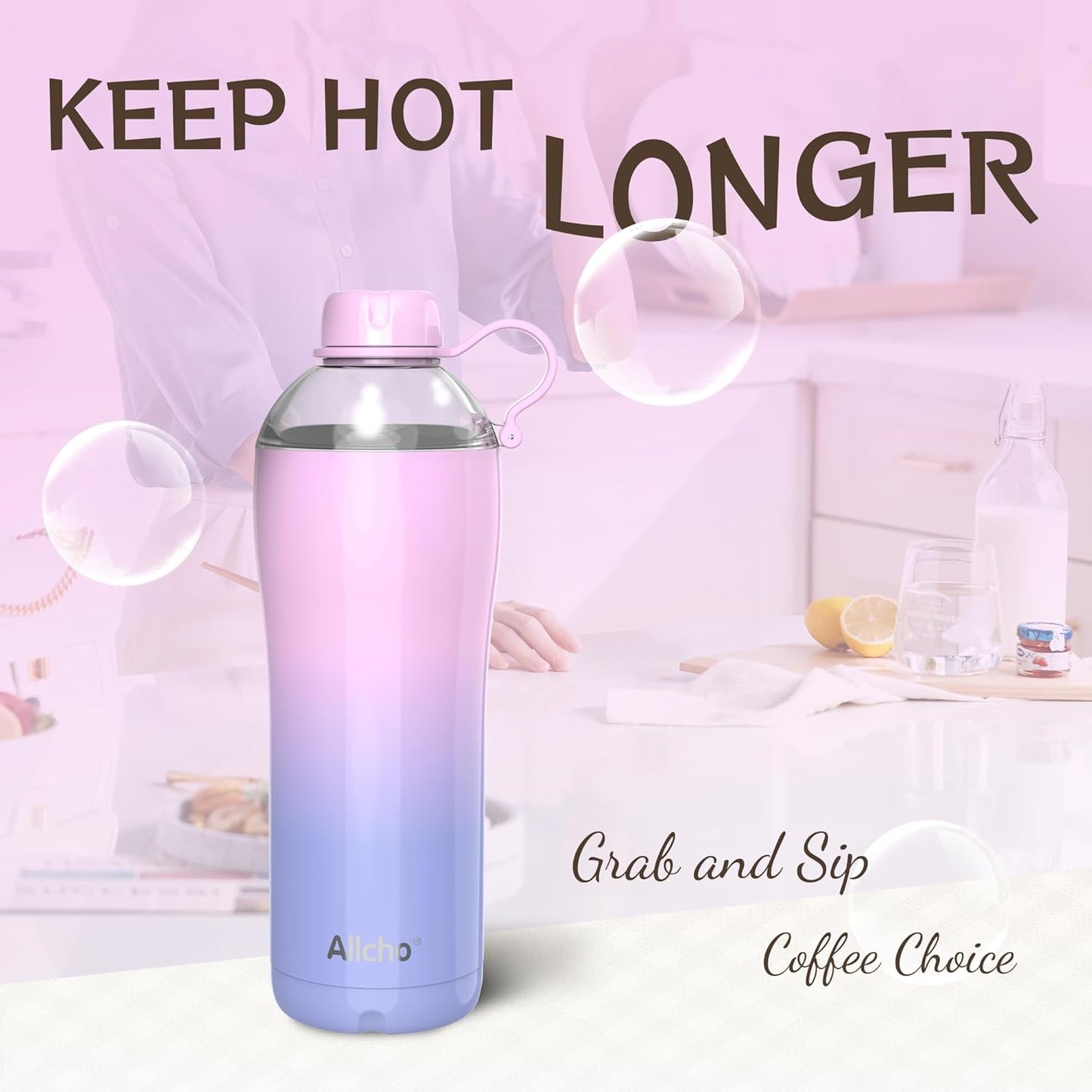 Allcho Insulated Water Bottle for Women, 18oz Stainless Steel Leak Proof Tumbler with 2 Lids, BPA-Free Tritan Chug & Straw Lid, Double Wall Vacuum Flask