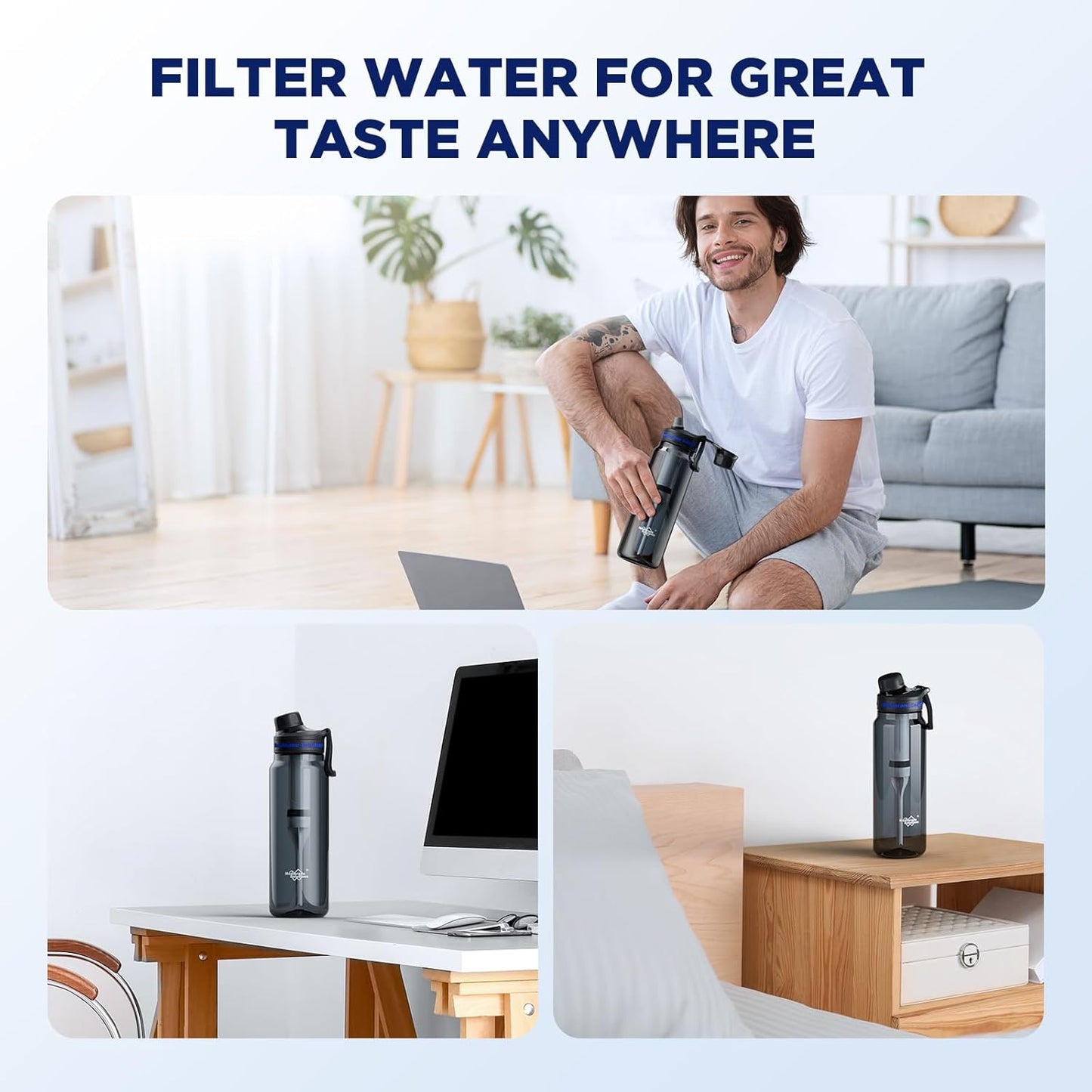 Filtered Water Bottle, Membrane Solutions C3 Water Bottle Filter with Replaceable ACFX2 Filter Cartridge, Portable Water Filter 36oz BPA-Free for Travel, Hiking & Camping Drinking use(Grey)
