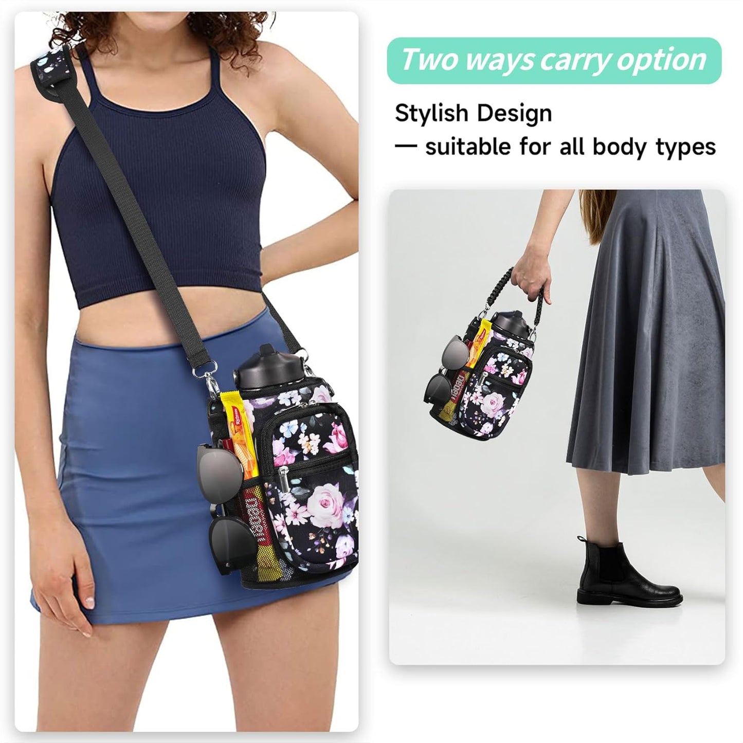 AceTreker 32/40/64/87/128 oz Water Bottle Carrier Bag, Neoprene Water Bottle Sleeve with 4 Pocket, Sport Water Holder with Paracord Handle and Shoulder Strap for Walking Hiking Camping Gym