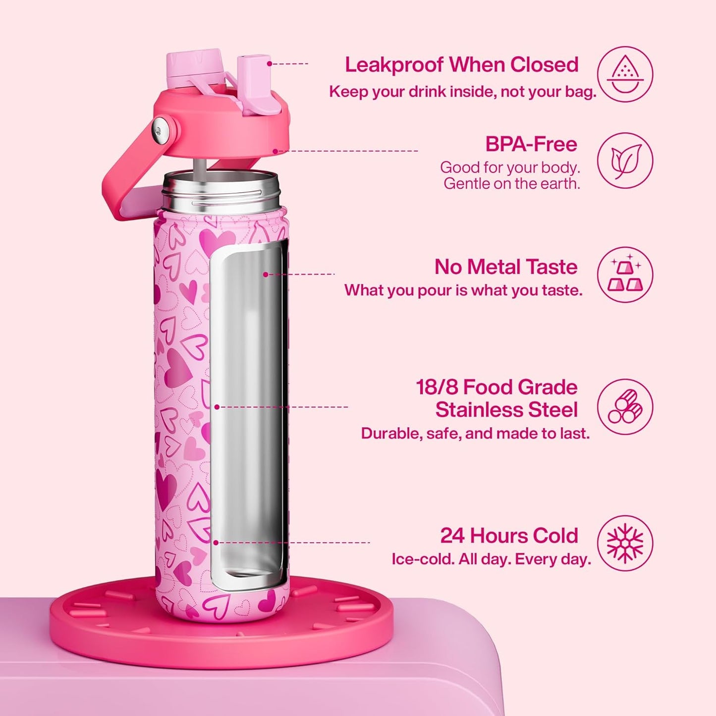 ENCOOL Insulated Water Bottle with Straw Stainless Steel Water Bottle, Leak-Proof, BPA-Free, Double Wall Vacuum Keeps Cold for 24 Hours for Sports, Travel, School (26 oz, Cotton Candy) - Colors A