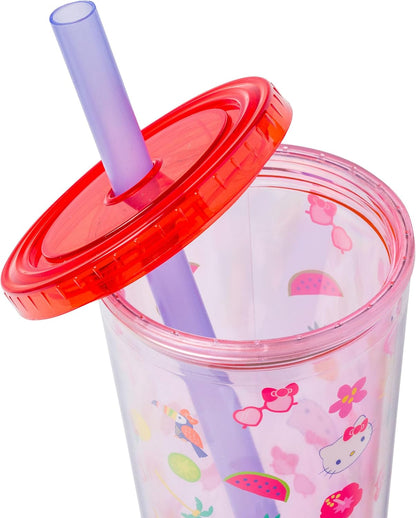Silver Buffalo Sanrio Hello Kitty Milk Carton Pattern Plastic Boba Tumbler w Lid and Wide Straw, 24 Ounces