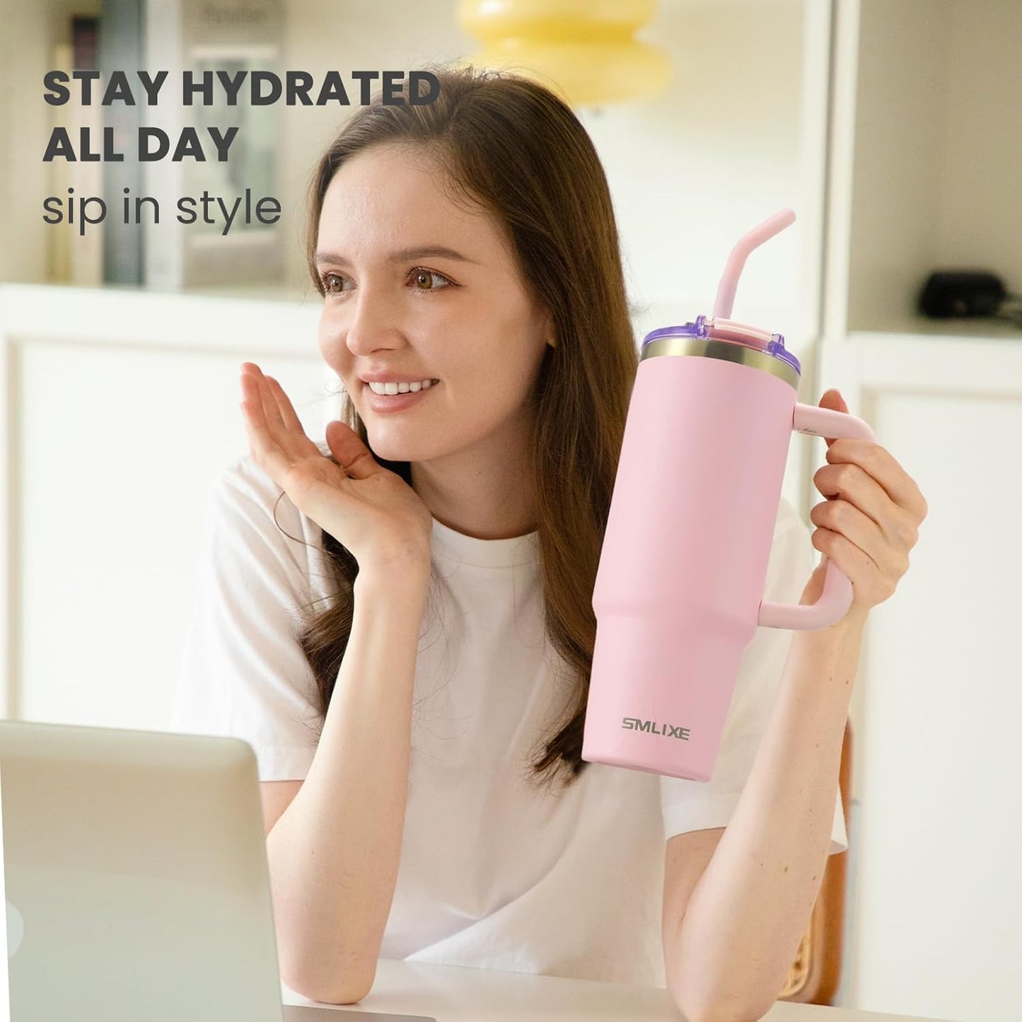 40 oz Tumbler with Handle and Straw Lid,Insulated Reusable Stainless Steel Water Bottle Travel Mug，Cupholder Friendly Double Wall Vacuum Sealed Cup (Black)