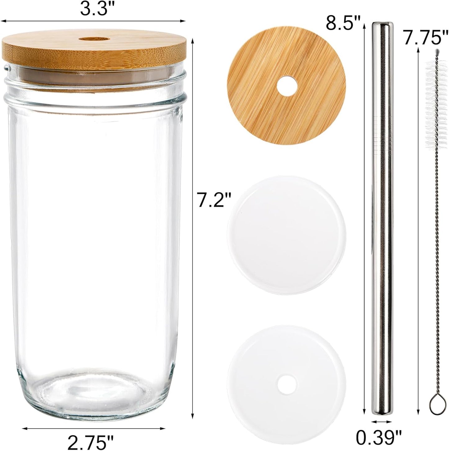 Yesland 6 Pack Glass Cups with Lids and Straws, 24 oz Mason Jar Smoothie Cup Aesthetic Cute Glass Tumbler Coffee Beer Can Cups Boba Cup for Bubble Tea, Juice, Gift