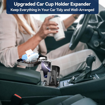 KDD Car Cup Holder Expander - 3 in 1 Cup Holder Adapter with Adjustable Base - Detachable Phone Holder & 360° Rotation Food Tray for Car - Compatible with Vehicles, Car, Road Trip Essentials