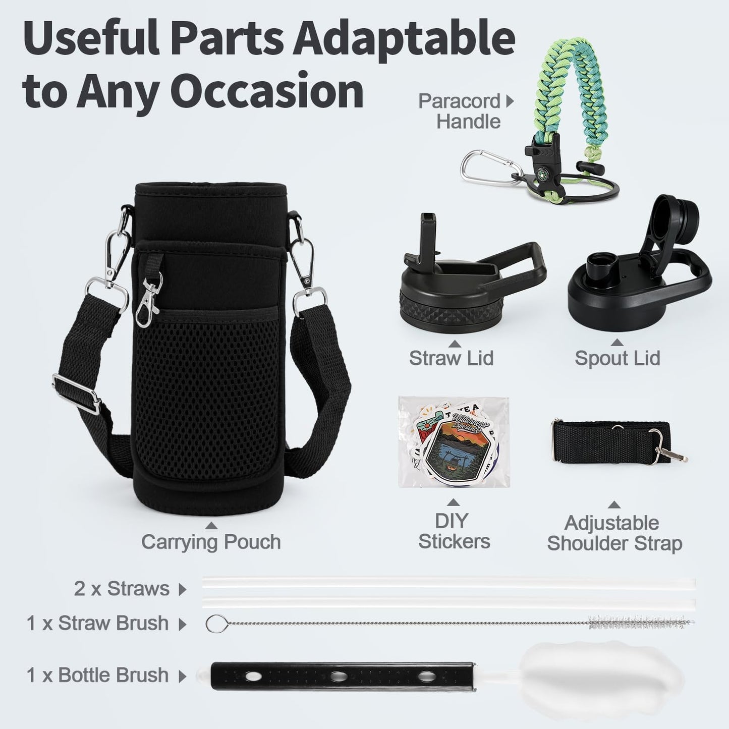 WixByti 40 oz Insulated Water Bottle with Straw (Cold for 36 Hrs), Stainless Steel Triple Wall Vacuum Sports Water Jug, Leakproof Hydro Cup Flask with Paracord Handle & Straw Spout Lids & DIY Stickers