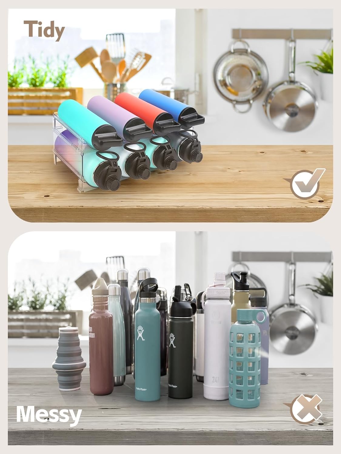 Stackable Water Bottle Organizer, 4-Tier Clear Large Compartment Holder with Stable One-Piece Side-Panel Design, Prevents Tipping & Rolling for Cabinet & Kitchen Storage, Holds 16 Bottles