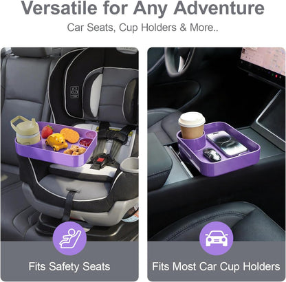 Car Seat Snack Tray for Toddlers - 3 Inch Cup Holder Fits Most Sippy Cups & Straw Bottles with Dip Well, Mess-Free Square Kids Travel Tray Road Trip Essentials, Black
