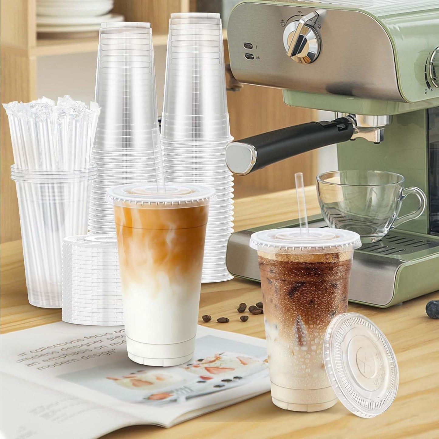 Clawsoff 100 Pack 20 oz Disposable Clear Plastic Cups with Lids and Straws, Leak-Proof Sturdy Cold Drink Cups for Iced Coffee, Smoothies, Juice, Parties & Business