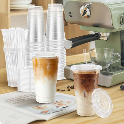 Clawsoff 100 Pack 20 oz Disposable Clear Plastic Cups with Lids and Straws, Leak-Proof Sturdy Cold Drink Cups for Iced Coffee, Smoothies, Juice, Parties & Business