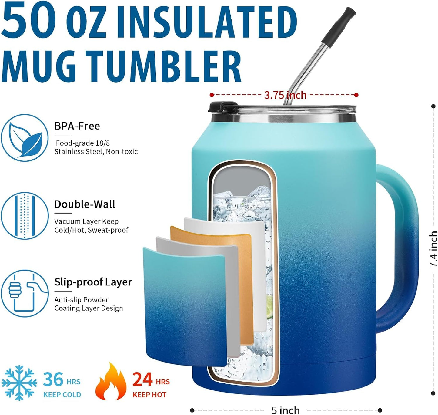 50 oz Insulated Tumbler with Handle and Straw - Stainless Steel Double Wall Coffee Mug, 2-in-1 Lid Metal Water Bottle, 36H Cold 24H Hot Travel Hydro Cup Jug with Silicone Boot