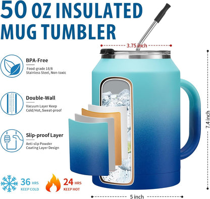 50 oz Insulated Tumbler with Handle and Straw - Stainless Steel Double Wall Coffee Mug, 2-in-1 Lid Metal Water Bottle, 36H Cold 24H Hot Travel Hydro Cup Jug with Silicone Boot