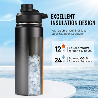 Fijinhom 24 oz Insulated Water Bottle with Handle, 304 Stainless Steel Water Bottles with Wide Mouth, Double Wall Vacuum Sports Water Bottle, BPA Free, Keep Cold and Hot, Black | with Handle