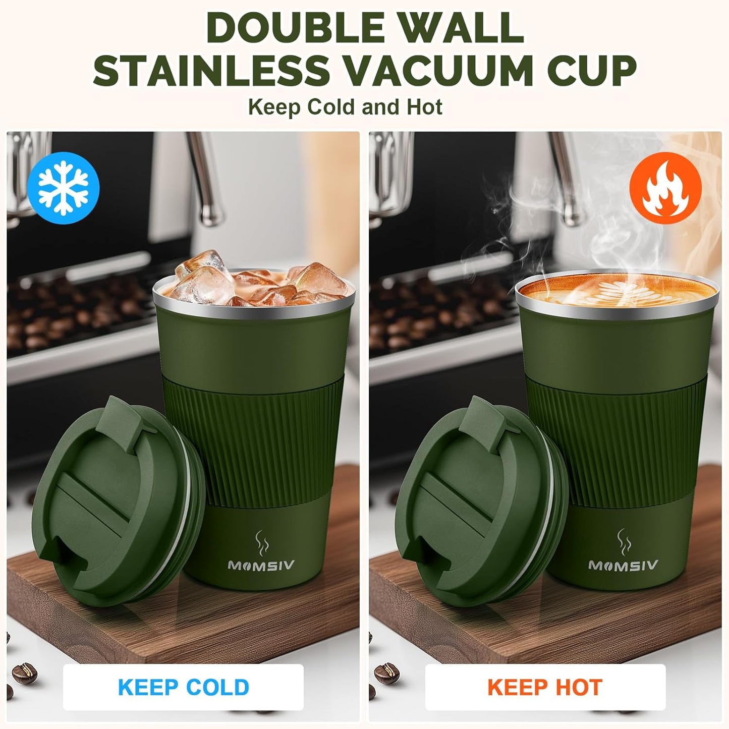 MOMSIV 12oz Travel Mug, Insulated Coffee Cup with Leakproof Lid, Travel Coffee Mug Vacuum Stainless Steel Double Walled Reusable Coffee Cup for Hot and Cold Water Coffee