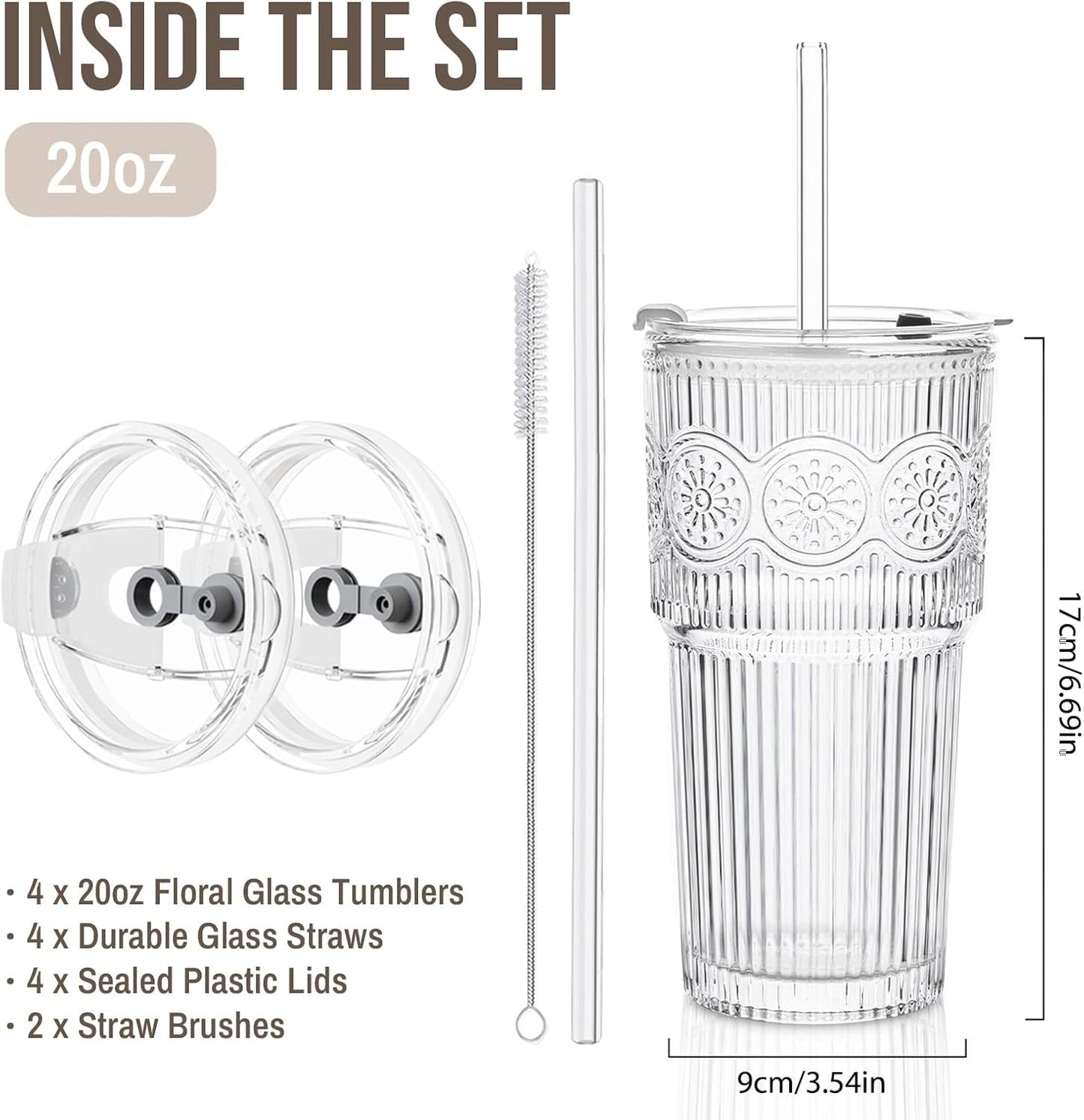 SoulTimes 20oz Ribbed & Floral Glass Tumbler Set of 2 – Reusable Glass Cups with Lid and Glass Straw, Iced Coffee Cups for Water, Smoothie, Milk, Cocktail & More – Perfect for Daily Use & Travel