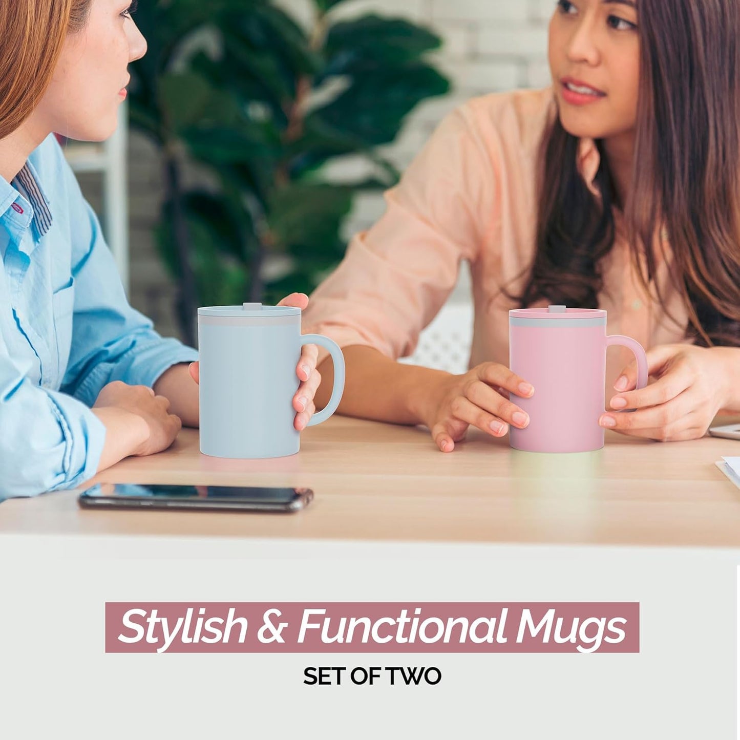 Copco Iconic 16oz Double Wall Insulated Desk Mug with Lid & Handle, Set of 2, BPA-Free Reusable Plastic, Spill-Resistant, Microwave & Dishwasher Safe, Wide Mouth (Grey)