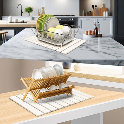 Large Stone Dish Drying Mat for Kitchen Counter – 24"(L)×16 "(W) Foldable Super Absorbent Diatomaceous Earth Dish Drying Mat, Kitchen Counter Mats for Plate Rack, Cups, Match Any Countertop - Gray