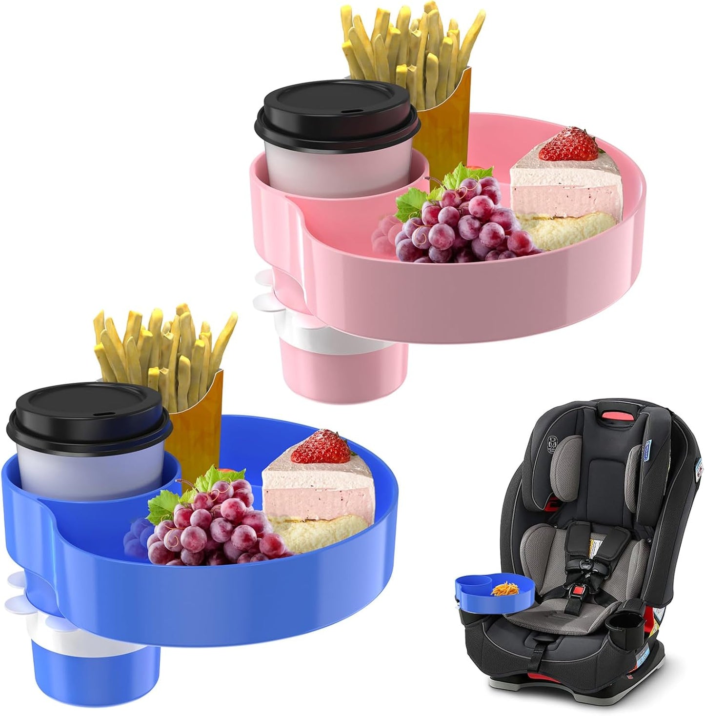 [2 Packs] Kids Car Seat Tray, Travel Tray with Cup Holder for Toddler Baby, Kids Car Seat Food Snack Organizer for Road Trip, Stroller snack, travel must haves - Pink